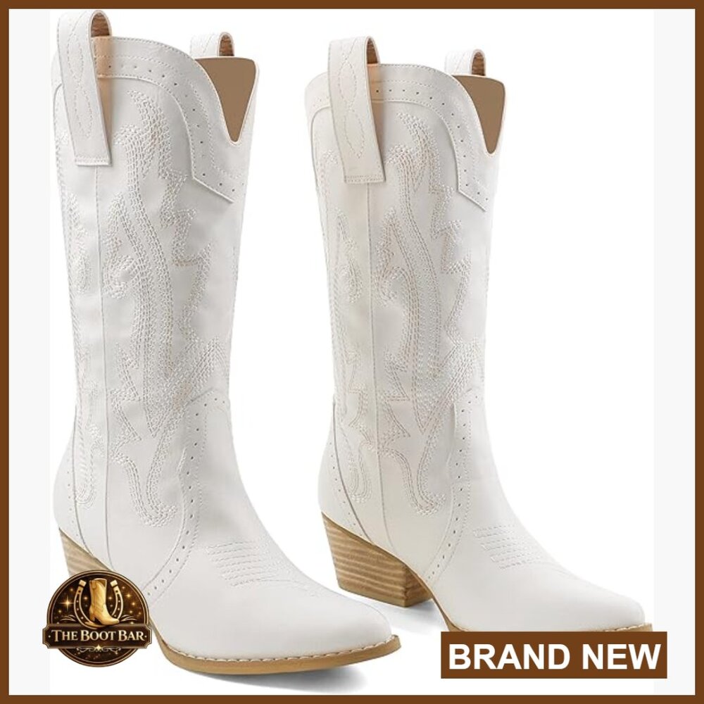 Women's Mid-Calf Cowboy Boots Pointed Toe Embroidered Western Chunky Heel